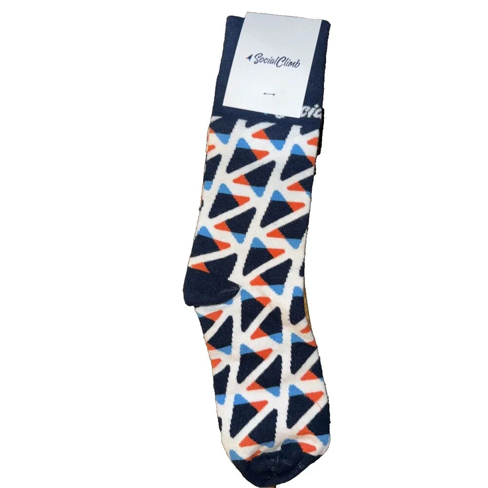 Social Climb Crew Socks Made in USA Blue White Orange Geometric Pattern NWT